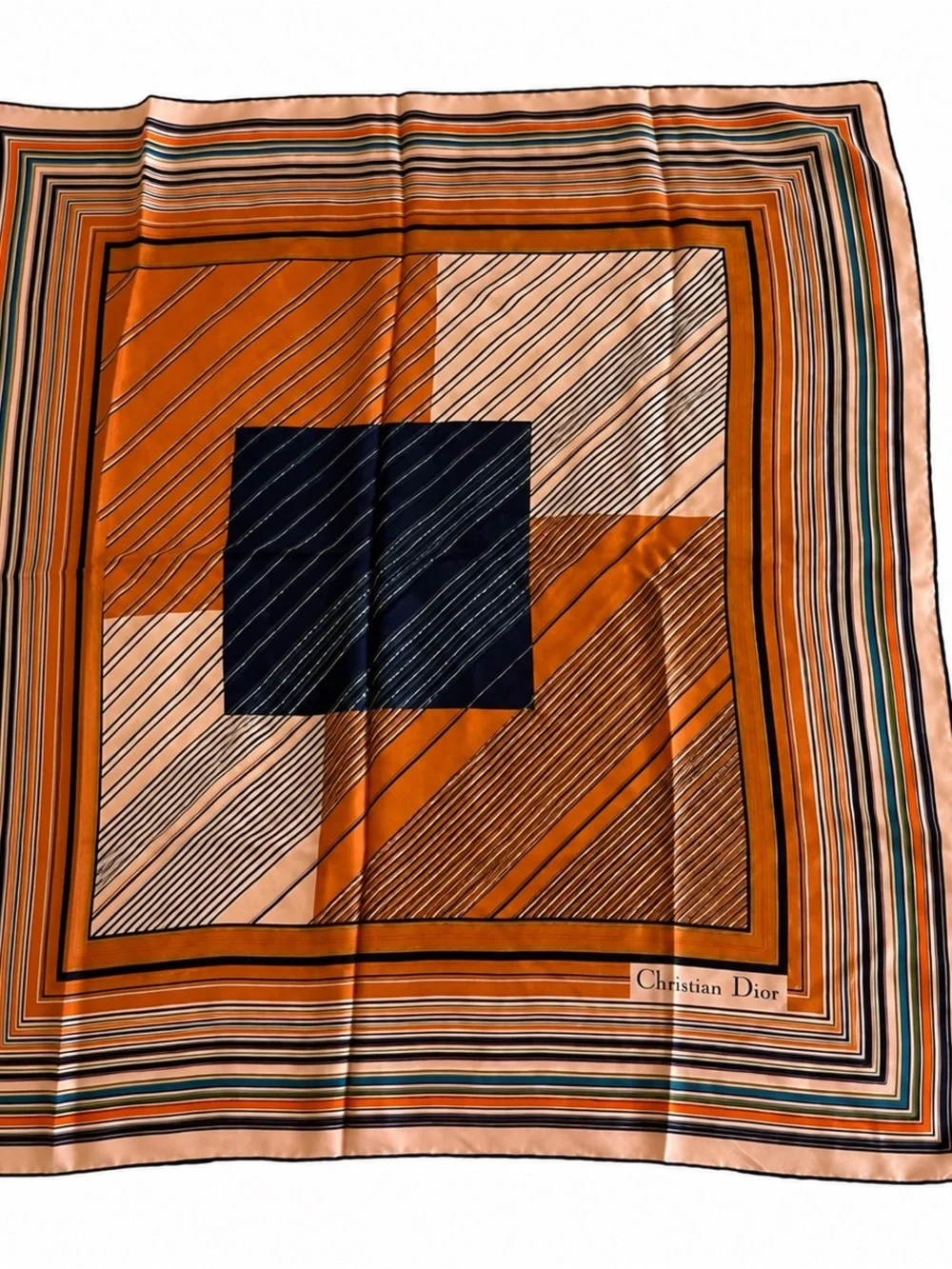 CHRISTIAN DIOR Square silk scarf orange, blue and white stripes graphic print